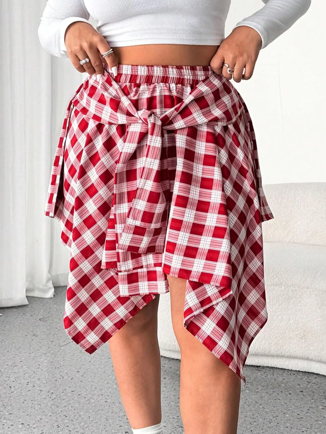 MakeMeChic Women's Plus Size Plaid Elastic High Waisted Tie Front Asymmetrical Hem Skater Mini Skirts