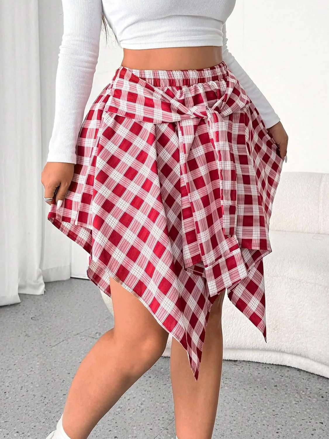 MakeMeChic Women's Plus Size Plaid Elastic High Waisted Tie Front Asymmetrical Hem Skater Mini Skirts