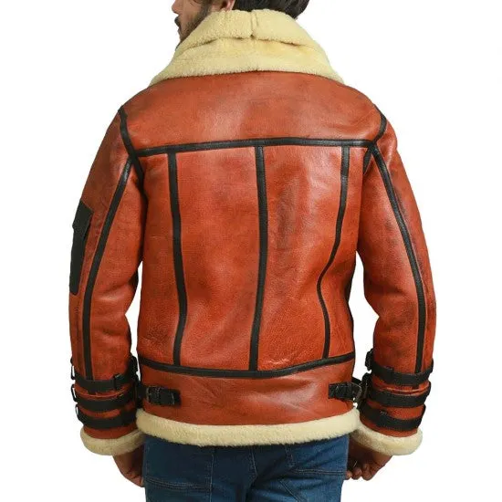 Mens B3 Bomber Shearling Leather Jacket with Fur Collar