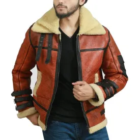 Mens B3 Bomber Shearling Leather Jacket with Fur Collar