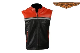 Mens Black & Orange Leather Vest