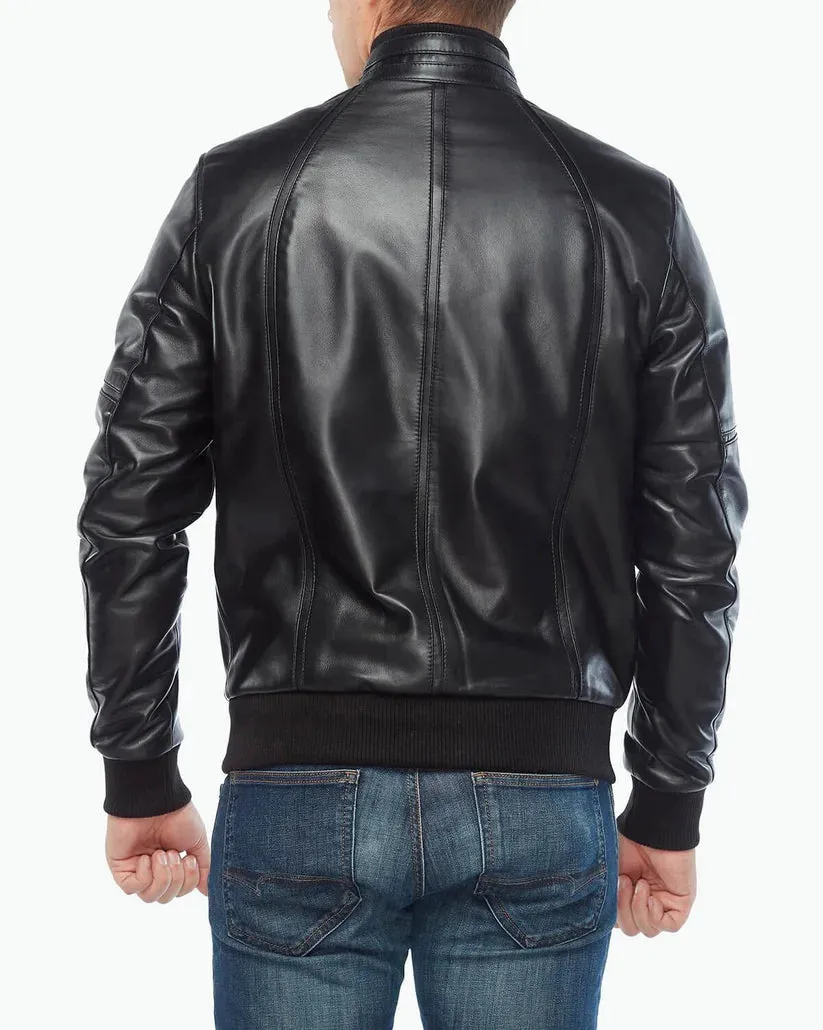Mens Black Leather Bomber Biker Jacket