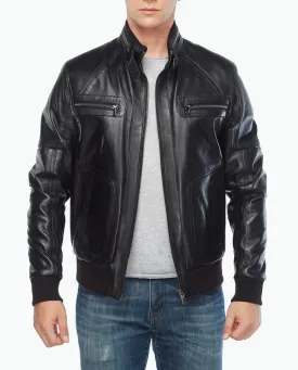 Mens Black Leather Bomber Biker Jacket