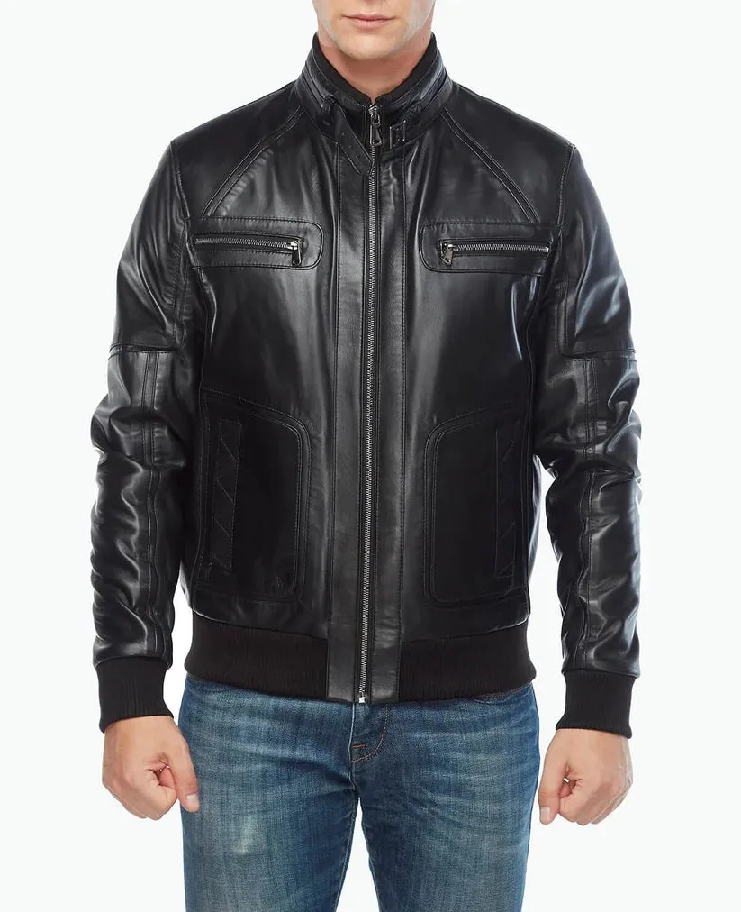 Mens Black Leather Bomber Biker Jacket