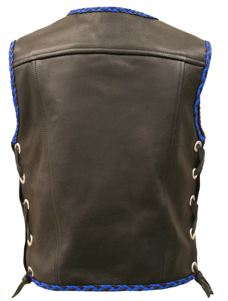 Mens Made in USA The Elite Motorcycle Leather Vest Royal Blue/Black Braiding