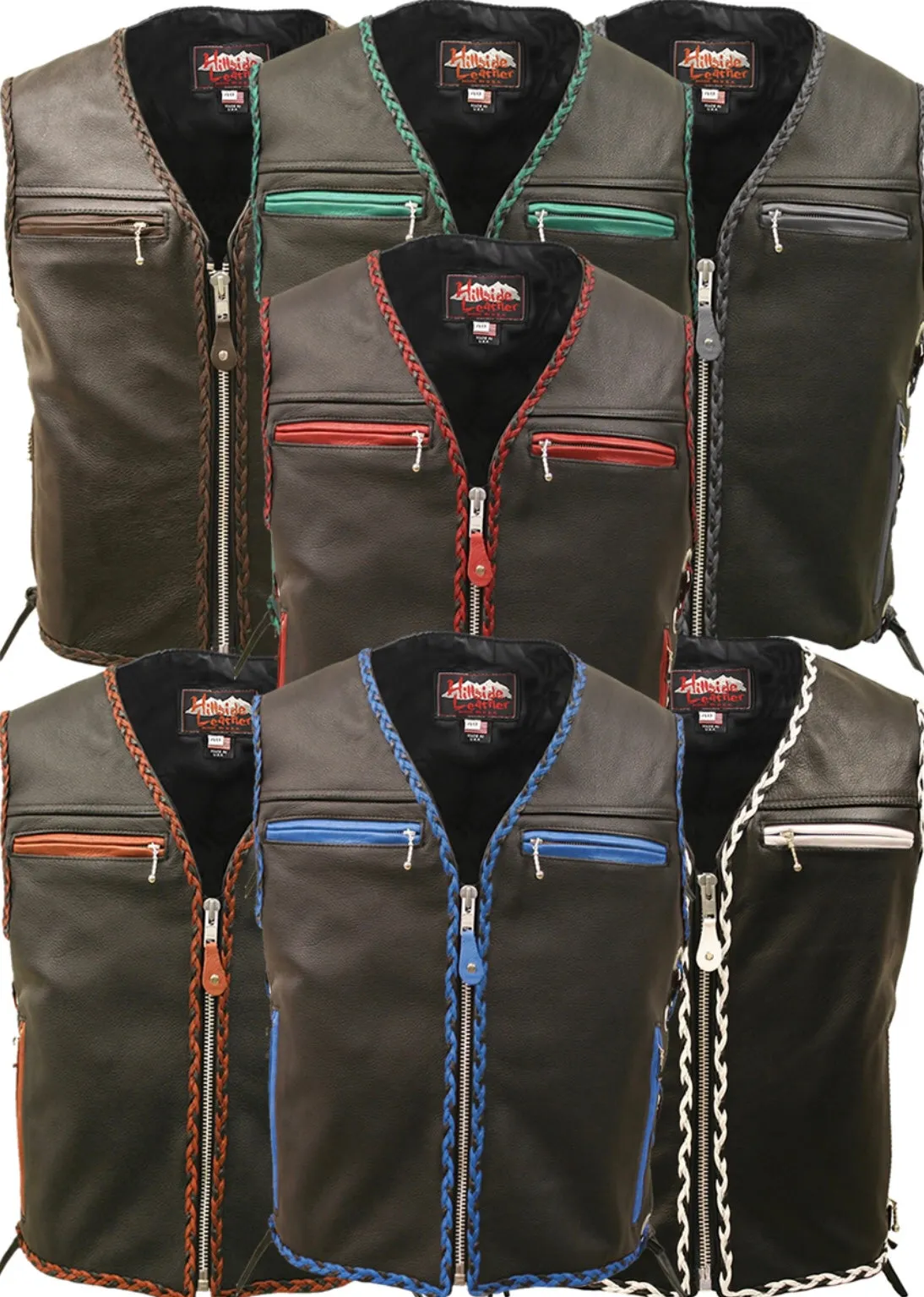 Mens Made in USA The Elite Motorcycle Leather Vest Royal Blue/Black Braiding