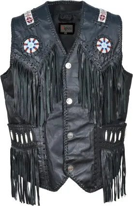 Mens Western Cowhide Suede & Leather Vest  Beaded Fringe Yoke & Back Native-Inspired Cowboy Biker Vest