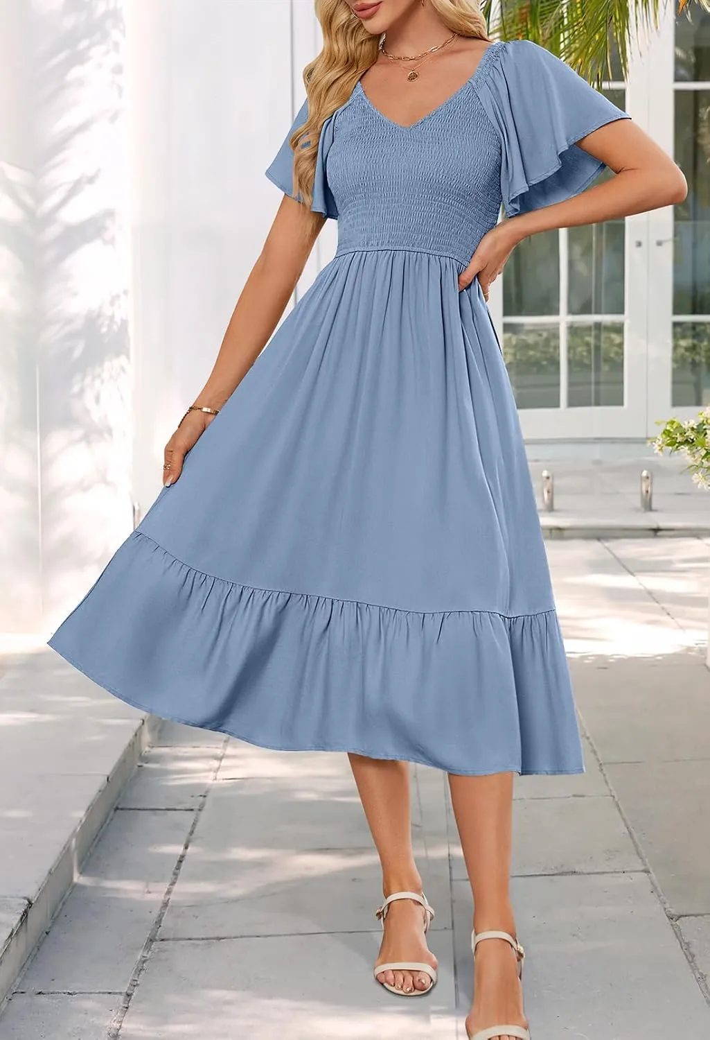 MEROKEETY Women's Summer Casual V Neck Ruffle Sleeve Smocked High Waist Midi Dress with Pockets