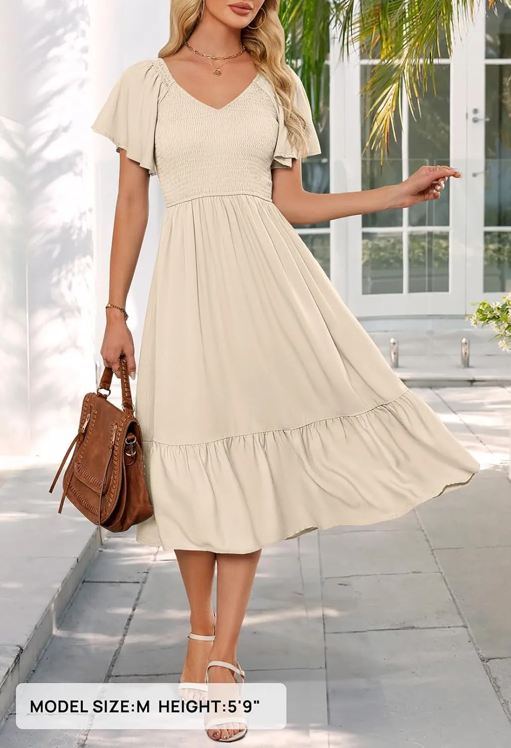 MEROKEETY Women's Summer Casual V Neck Ruffle Sleeve Smocked High Waist Midi Dress with Pockets