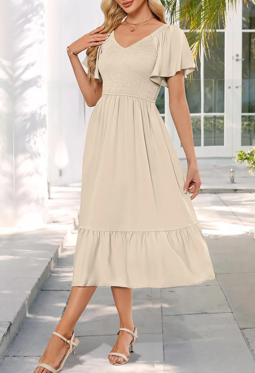 MEROKEETY Women's Summer Casual V Neck Ruffle Sleeve Smocked High Waist Midi Dress with Pockets