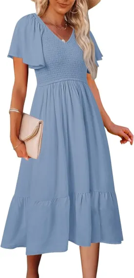 MEROKEETY Women's Summer Casual V Neck Ruffle Sleeve Smocked High Waist Midi Dress with Pockets