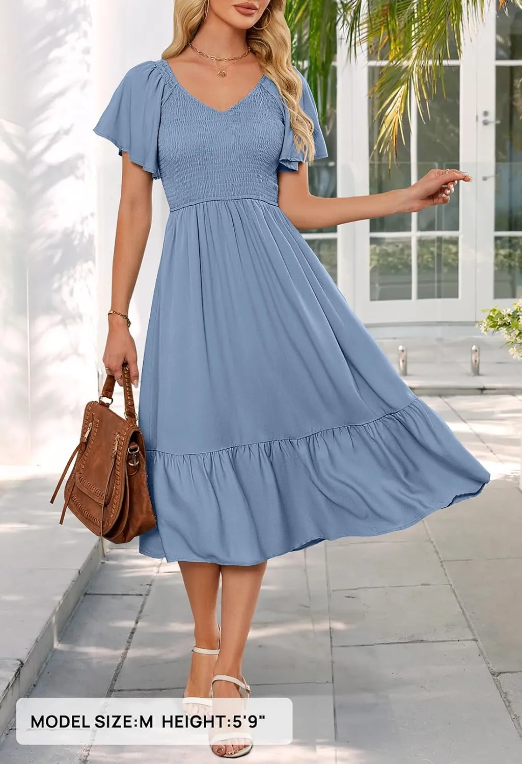 MEROKEETY Women's Summer Casual V Neck Ruffle Sleeve Smocked High Waist Midi Dress with Pockets