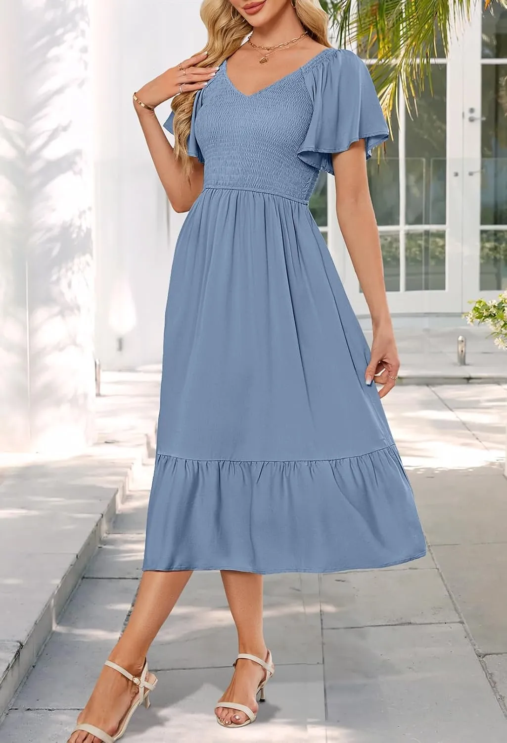 MEROKEETY Women's Summer Casual V Neck Ruffle Sleeve Smocked High Waist Midi Dress with Pockets