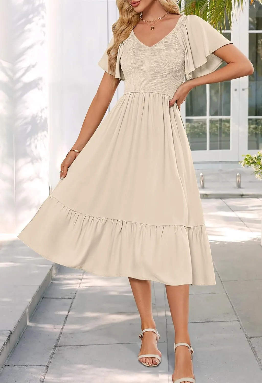 MEROKEETY Women's Summer Casual V Neck Ruffle Sleeve Smocked High Waist Midi Dress with Pockets
