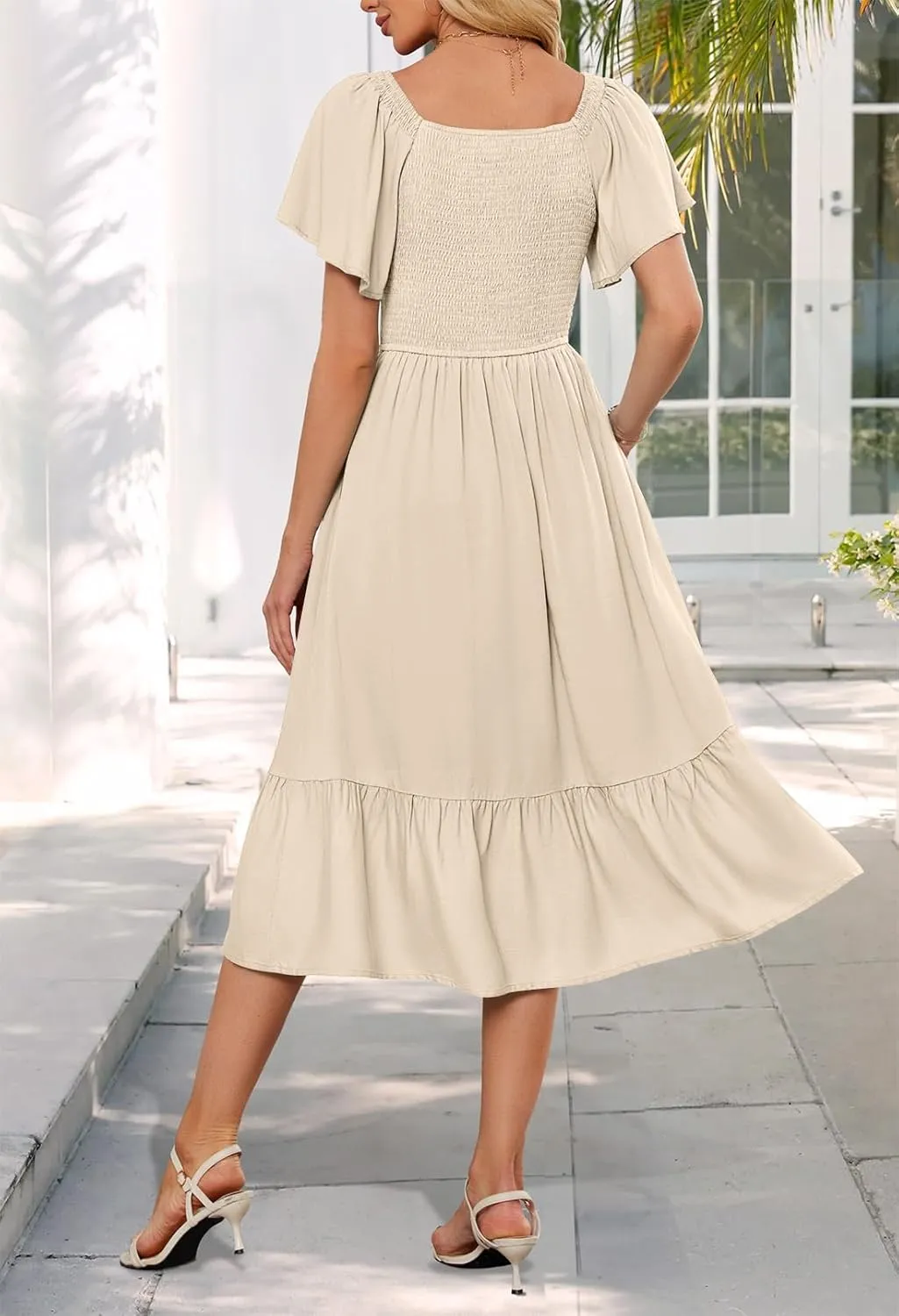 MEROKEETY Women's Summer Casual V Neck Ruffle Sleeve Smocked High Waist Midi Dress with Pockets