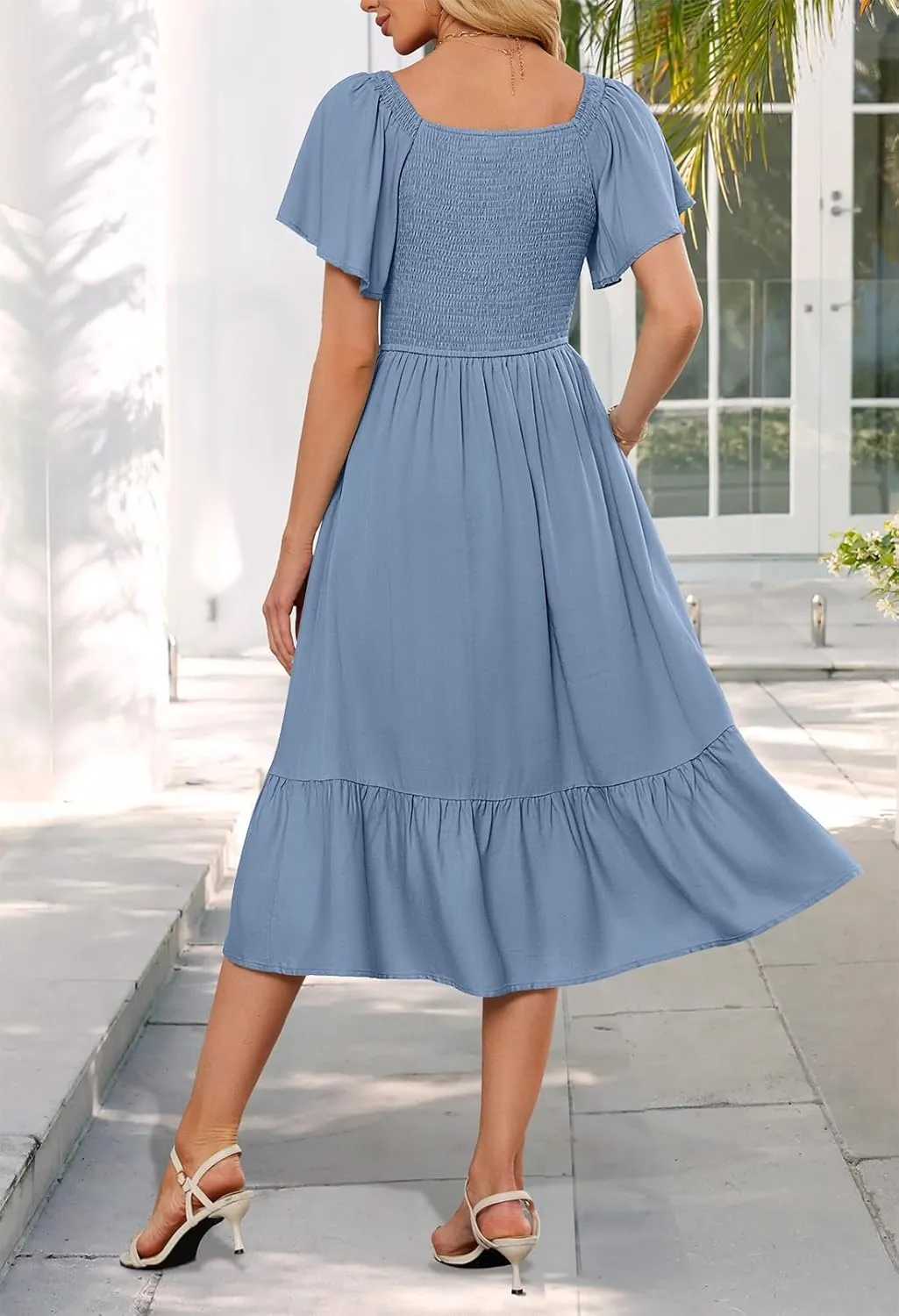 MEROKEETY Women's Summer Casual V Neck Ruffle Sleeve Smocked High Waist Midi Dress with Pockets