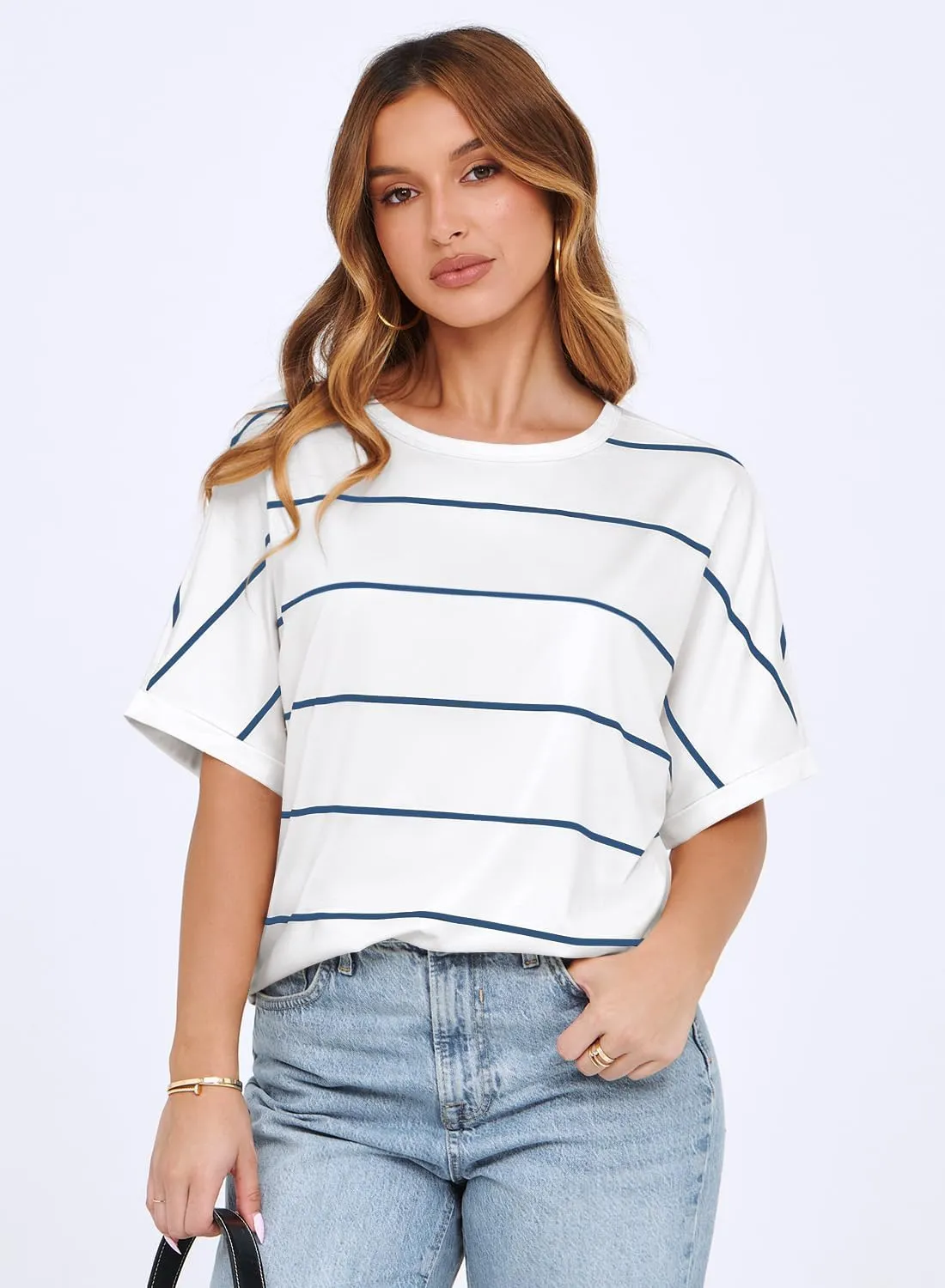 MIHOLL Womens Summer 2025 Striped Tops Batwing Short Sleeve Shirts Crewneck Casual Loose Blouses