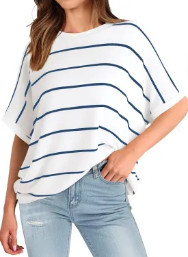 MIHOLL Womens Summer 2025 Striped Tops Batwing Short Sleeve Shirts Crewneck Casual Loose Blouses