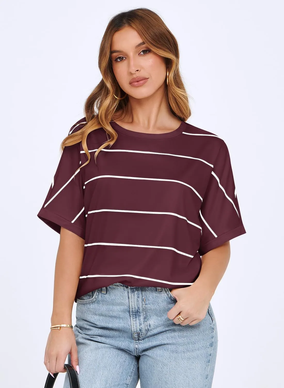 MIHOLL Womens Summer 2025 Striped Tops Batwing Short Sleeve Shirts Crewneck Casual Loose Blouses