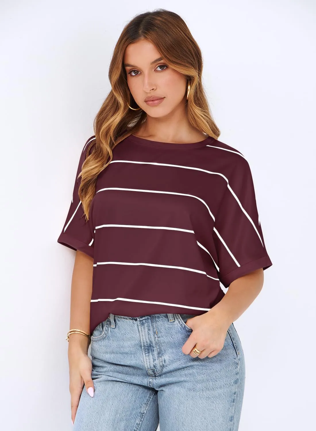 MIHOLL Womens Summer 2025 Striped Tops Batwing Short Sleeve Shirts Crewneck Casual Loose Blouses