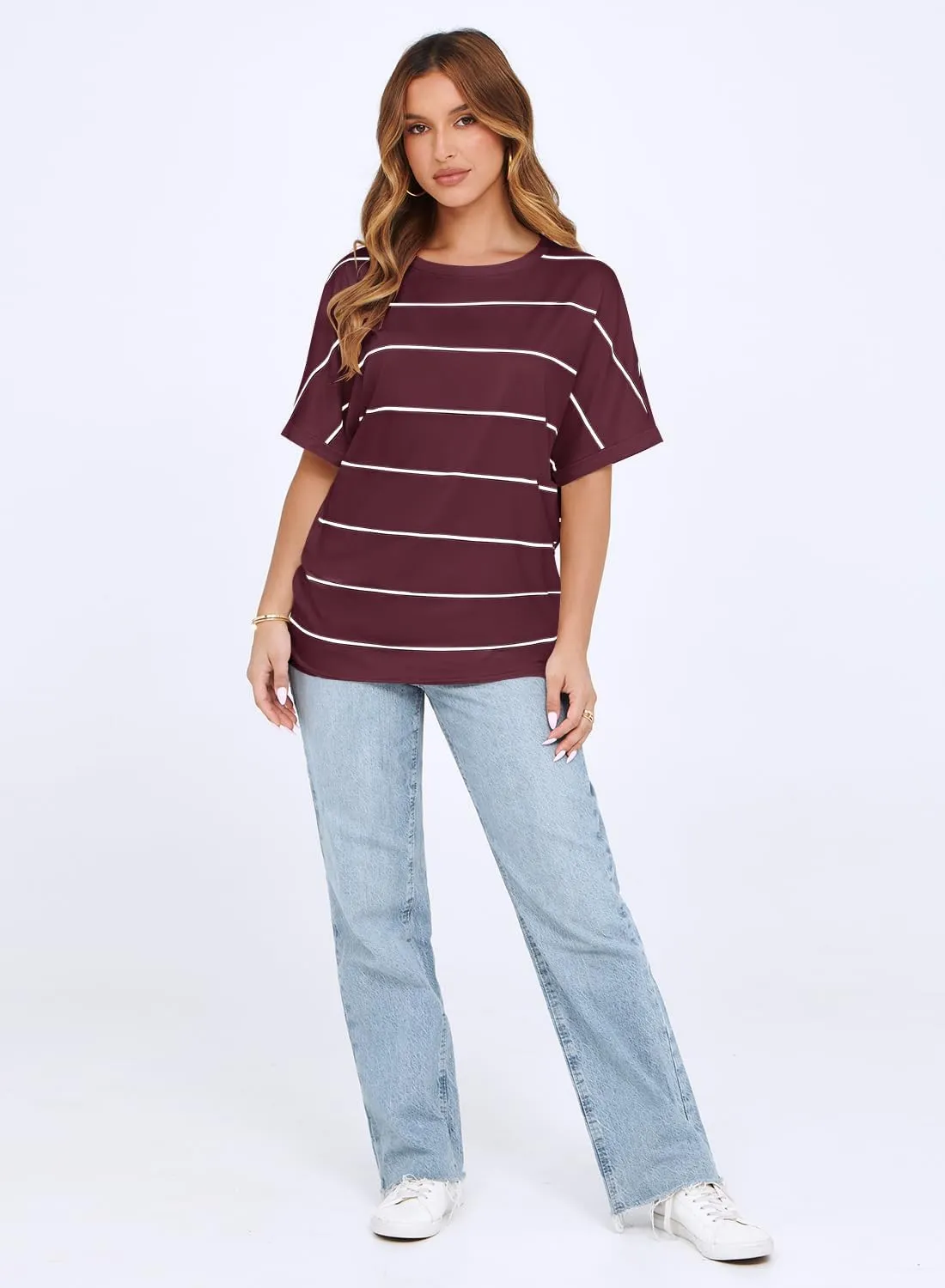 MIHOLL Womens Summer 2025 Striped Tops Batwing Short Sleeve Shirts Crewneck Casual Loose Blouses