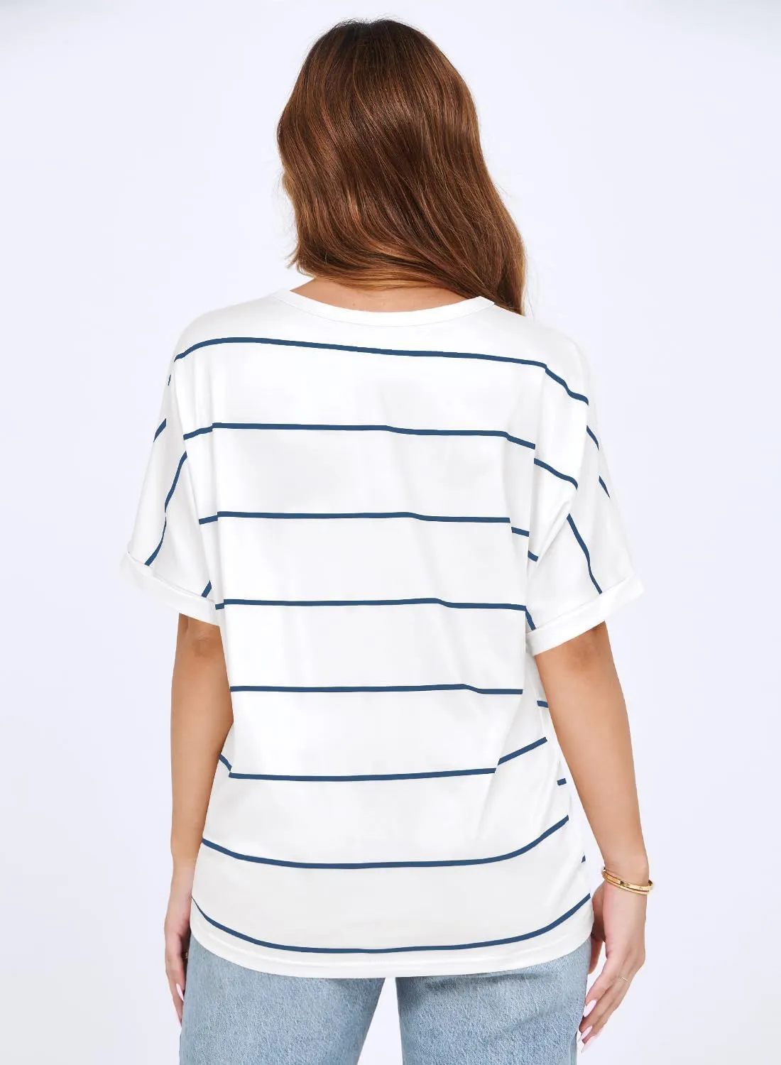 MIHOLL Womens Summer 2025 Striped Tops Batwing Short Sleeve Shirts Crewneck Casual Loose Blouses