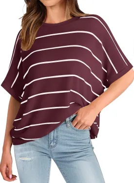 MIHOLL Womens Summer 2025 Striped Tops Batwing Short Sleeve Shirts Crewneck Casual Loose Blouses