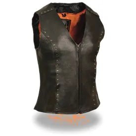 Milwaukee Leather ML2078 Women's Black Premium Leather Motorcycle Rider Vest- Studding Detail with Front Zip Closure