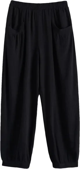 Minibee Women's Cotton Linen Tapered Cropped Pants Elastic Waist Trousers
