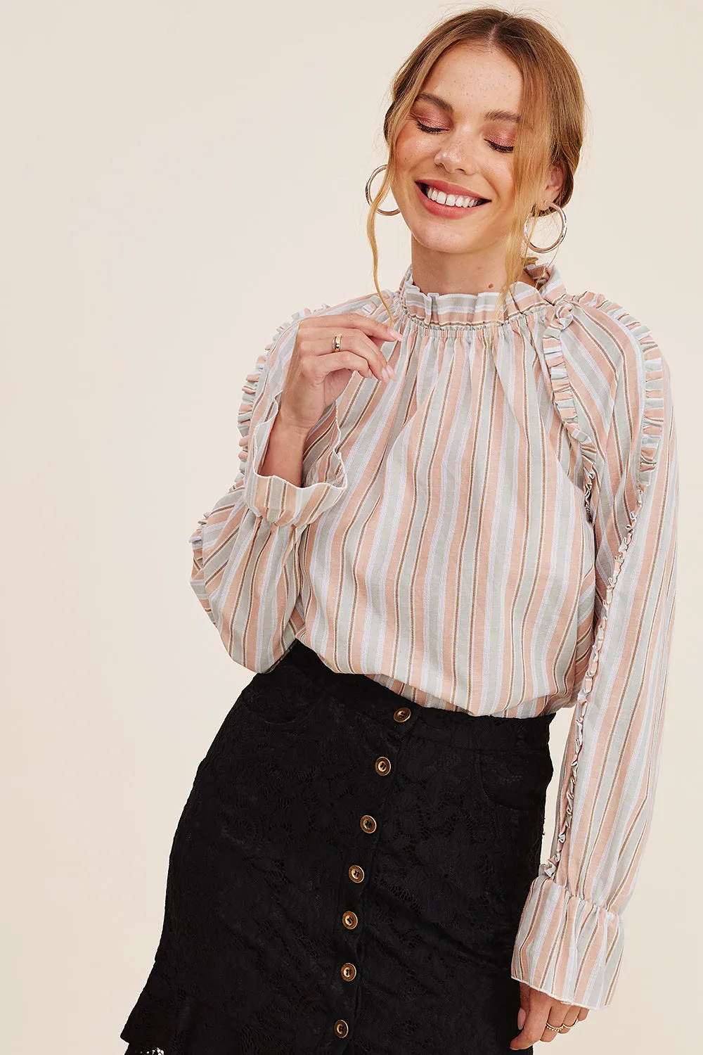 MULTI STRIPE RUFFLE NECK TOP
