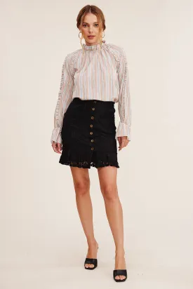 MULTI STRIPE RUFFLE NECK TOP
