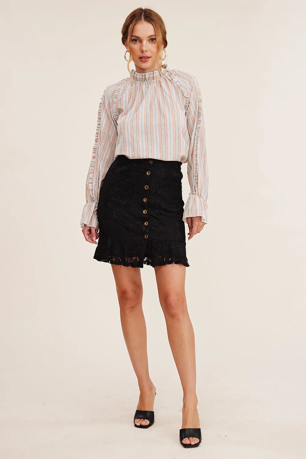 MULTI STRIPE RUFFLE NECK TOP