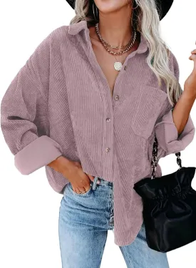 Necooer Womens Corduroy Shirts Button Down Long Sleeve Blouses Boyfriend Tops Oversized Jacket