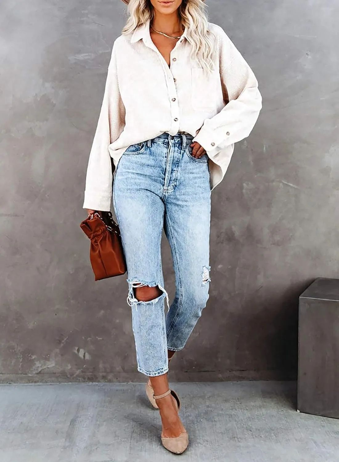 Necooer Womens Corduroy Shirts Button Down Long Sleeve Blouses Boyfriend Tops Oversized Jacket