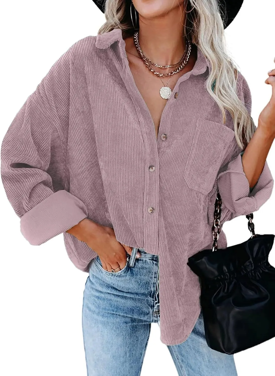 Necooer Womens Corduroy Shirts Button Down Long Sleeve Blouses Boyfriend Tops Oversized Jacket