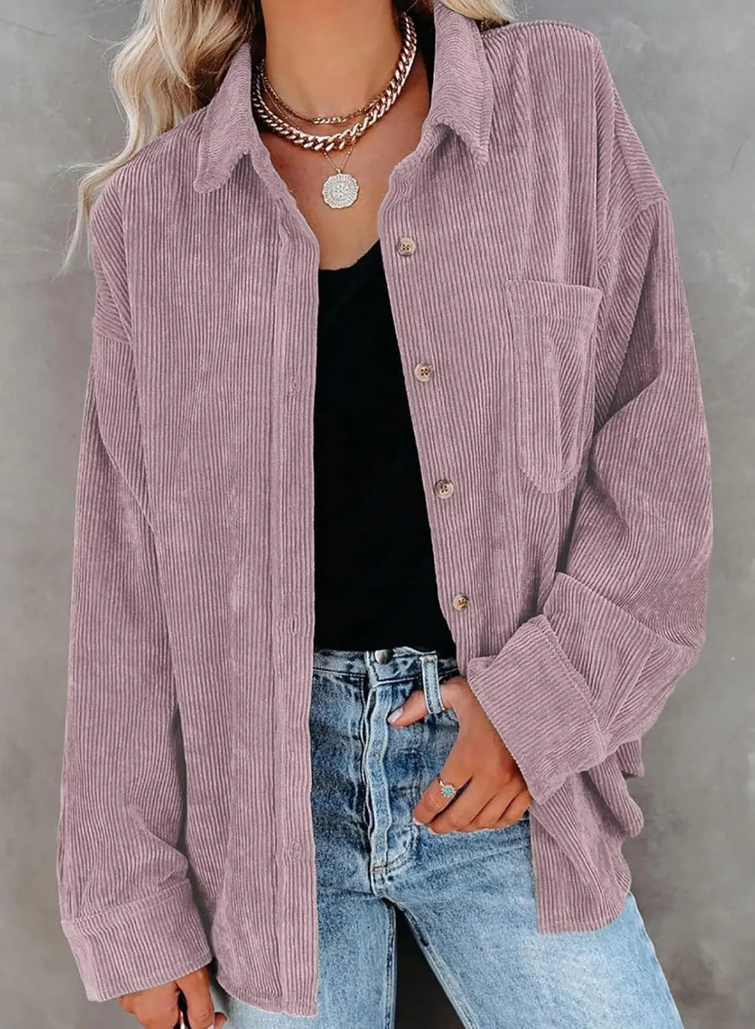 Necooer Womens Corduroy Shirts Button Down Long Sleeve Blouses Boyfriend Tops Oversized Jacket