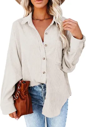 Necooer Womens Corduroy Shirts Button Down Long Sleeve Blouses Boyfriend Tops Oversized Jacket