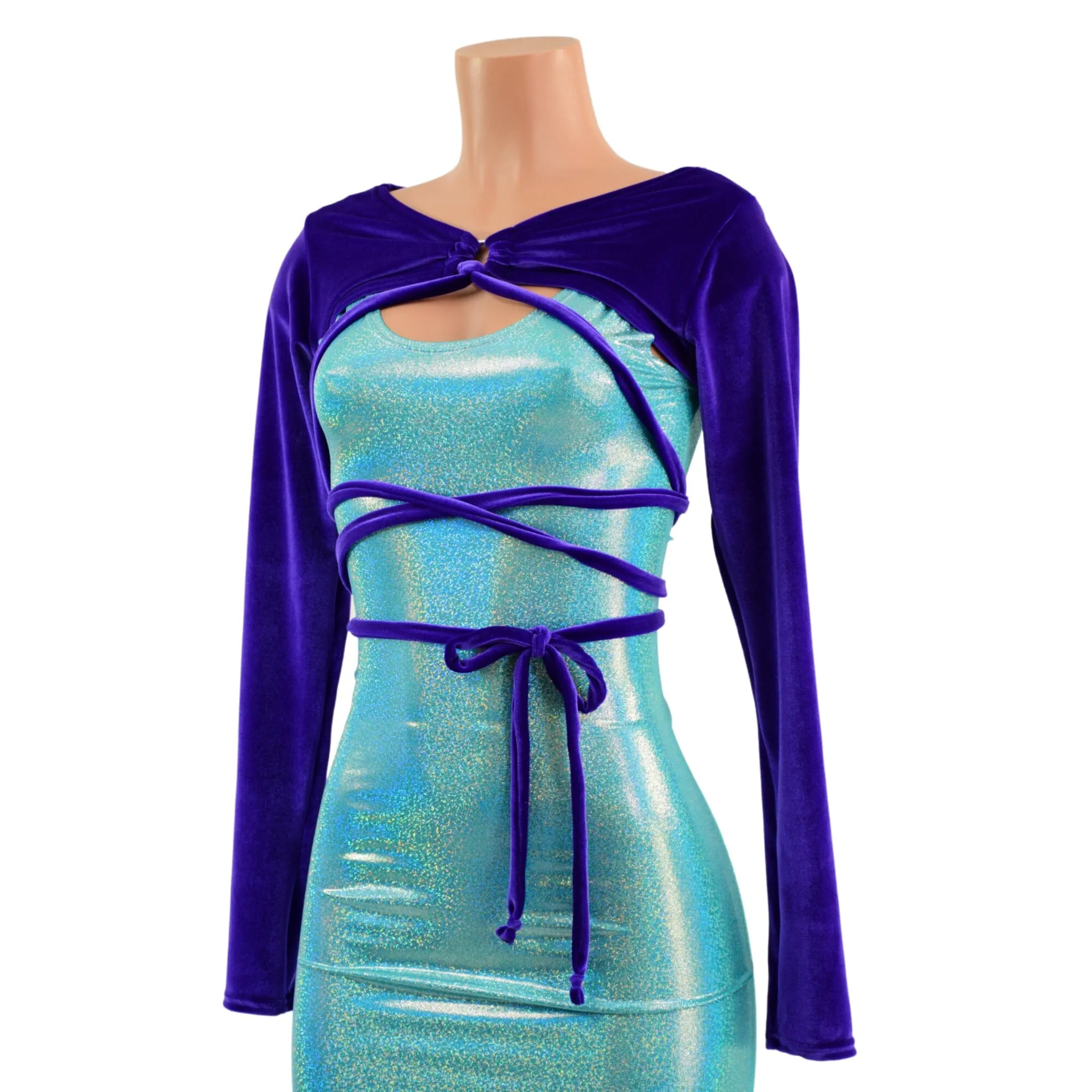 O-ring Front Bolero with Removable Body Wrap Tie in Purple Velvet