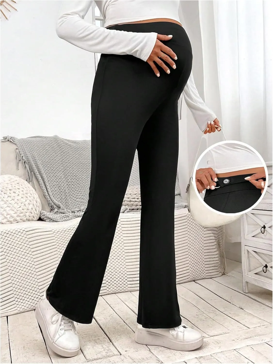 OYOANGLE Women's Maternity Flared Pants Over The Belly Skinny Bootcut Pants Work Casual Bell Bottom Trousers