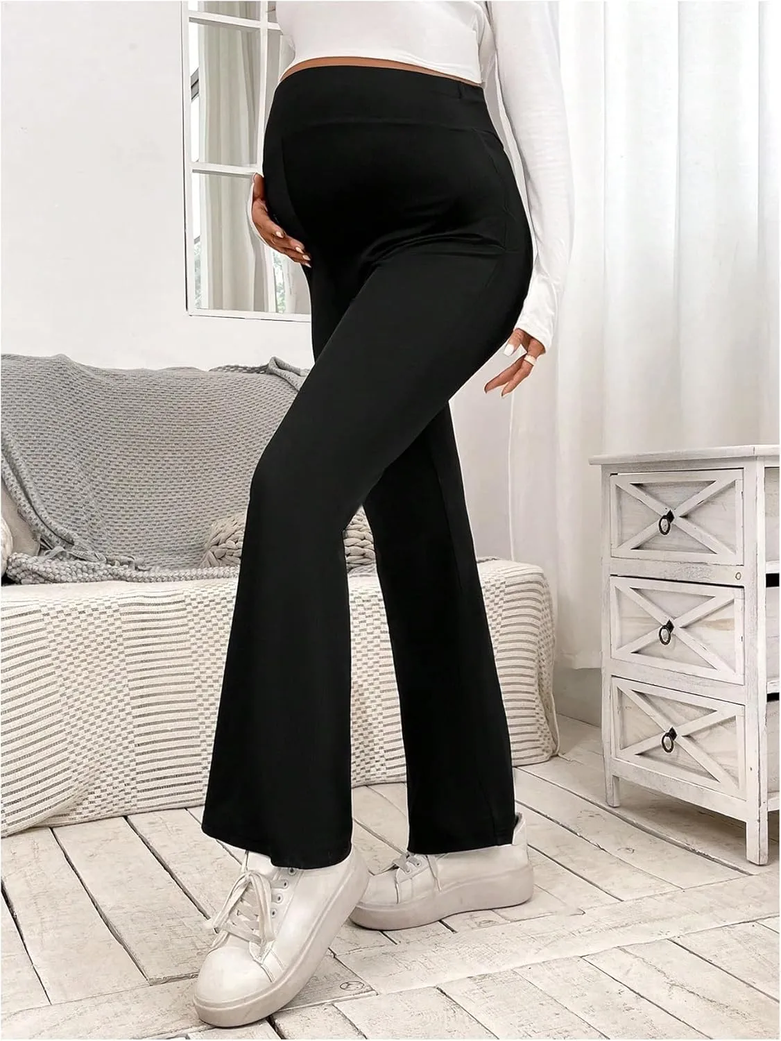 OYOANGLE Women's Maternity Flared Pants Over The Belly Skinny Bootcut Pants Work Casual Bell Bottom Trousers