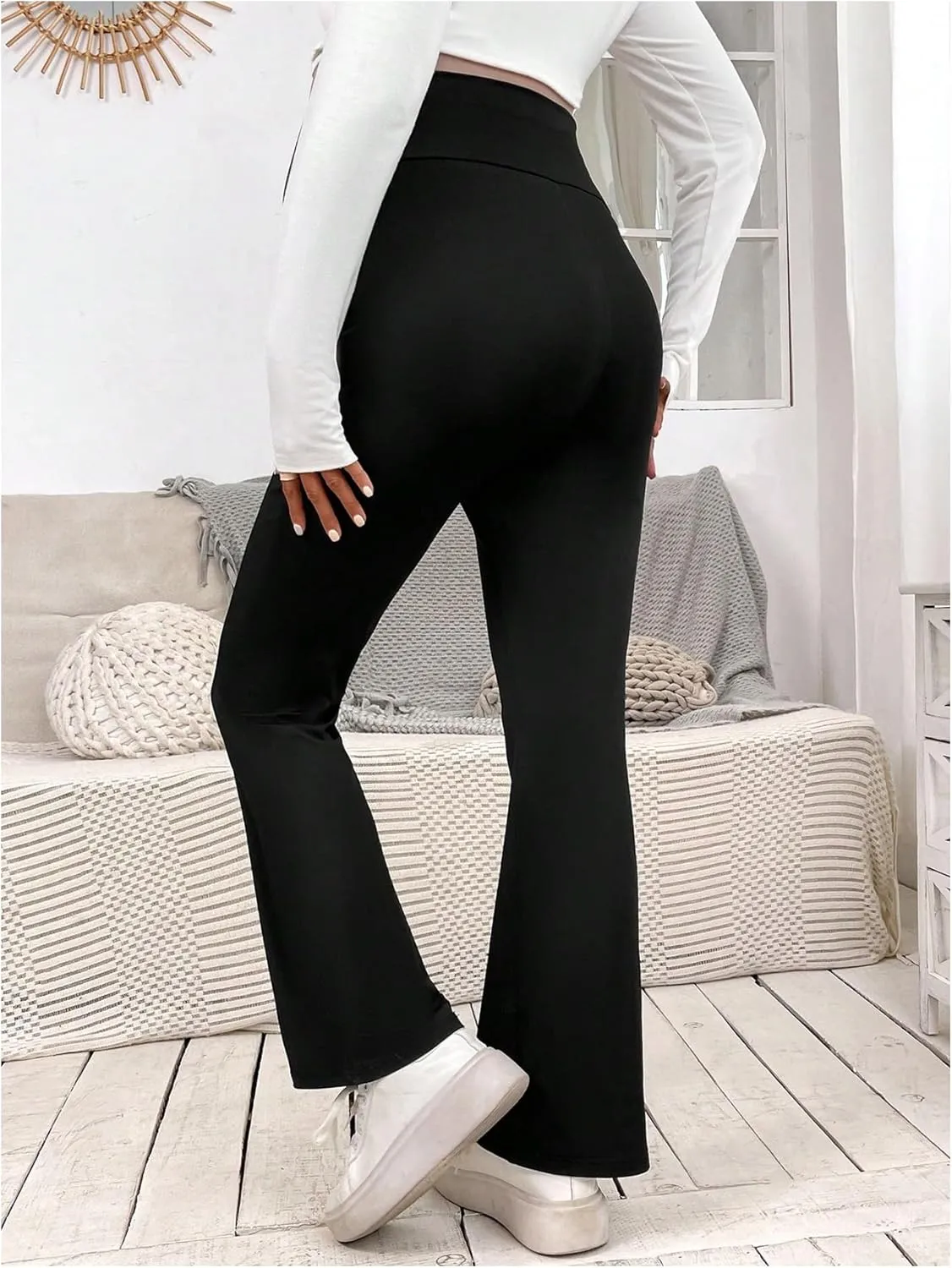 OYOANGLE Women's Maternity Flared Pants Over The Belly Skinny Bootcut Pants Work Casual Bell Bottom Trousers