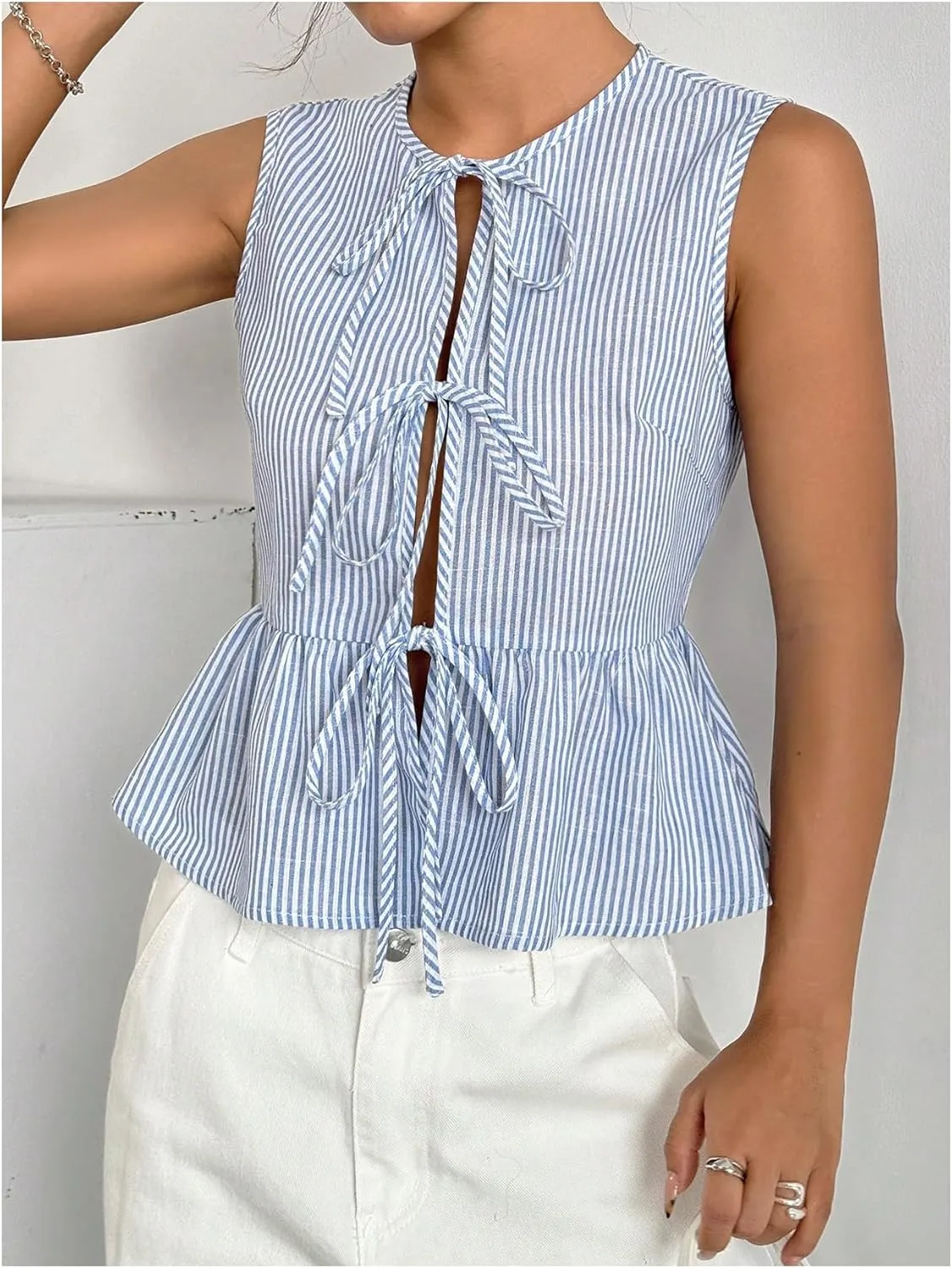 OYOANGLE Women's Striped Print Tie Front Bow Knot Crew Neck Sleeveless Tank Blouses Ruffle Peplum Tops
