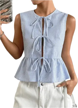 OYOANGLE Women's Striped Print Tie Front Bow Knot Crew Neck Sleeveless Tank Blouses Ruffle Peplum Tops