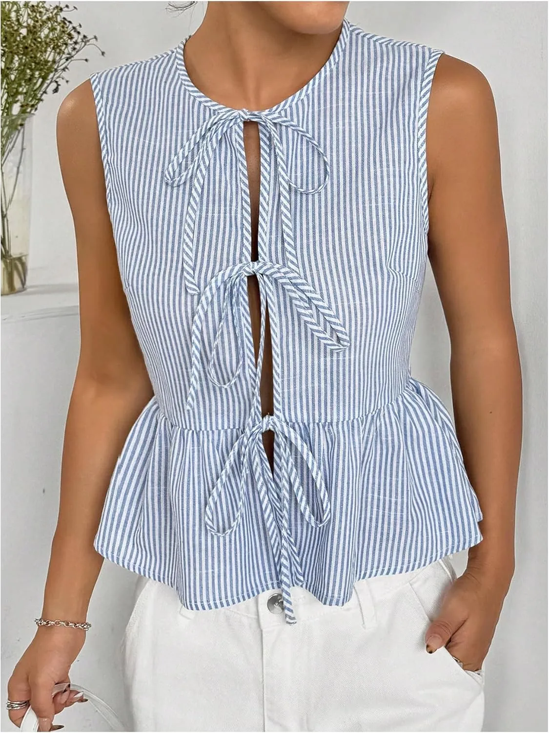 OYOANGLE Women's Striped Print Tie Front Bow Knot Crew Neck Sleeveless Tank Blouses Ruffle Peplum Tops