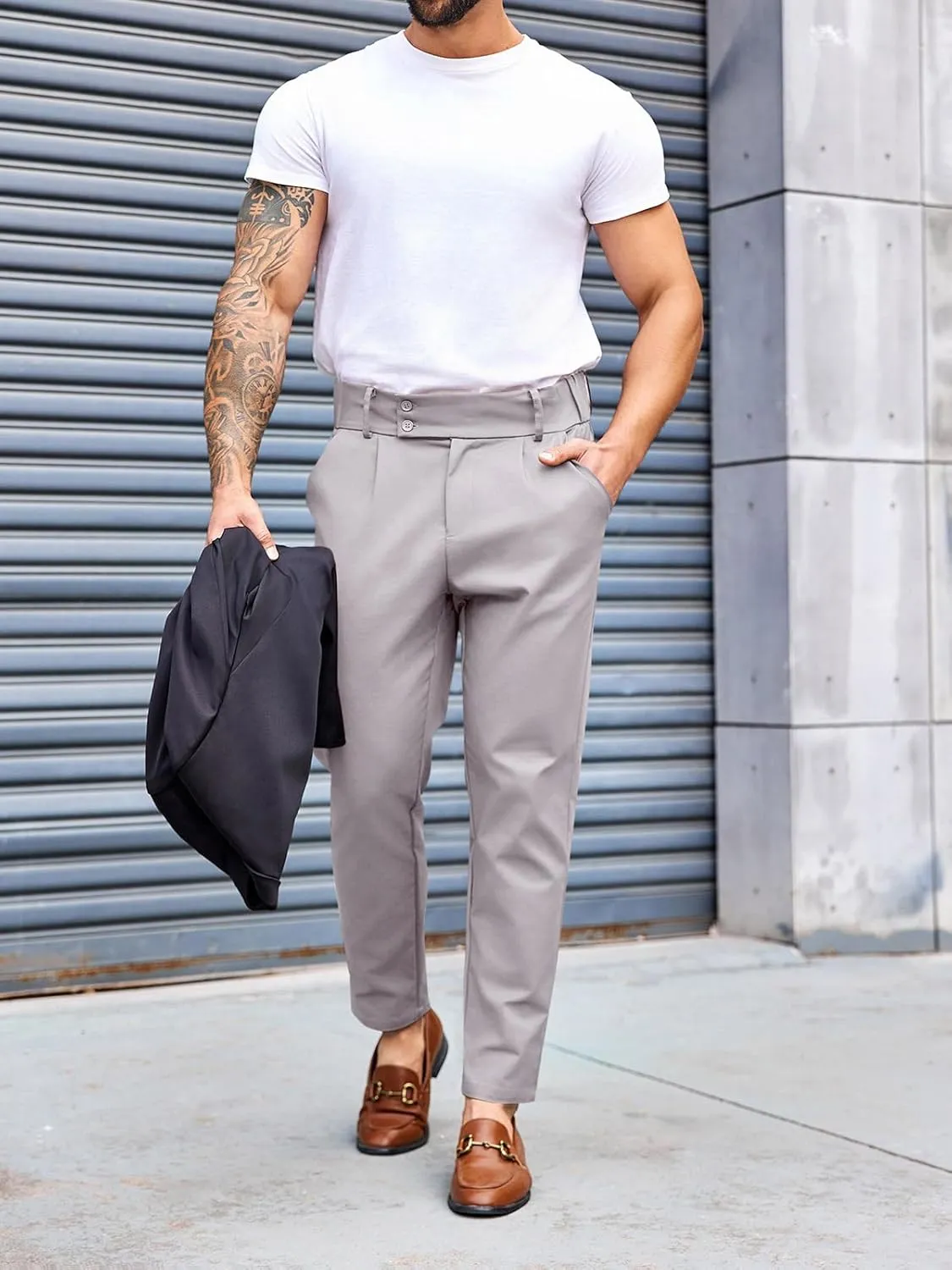 PASLTER Mens Chino Pants Slim Fit Flat Front Stretch Skinny Tapered Dress Pants Casual Trousers