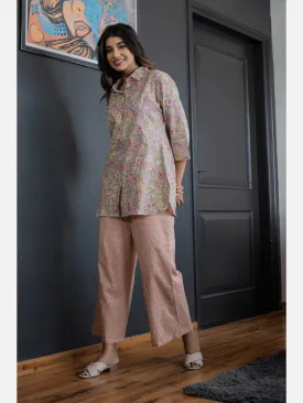 Pink Jaal Grey Collared Cotton Loungewear