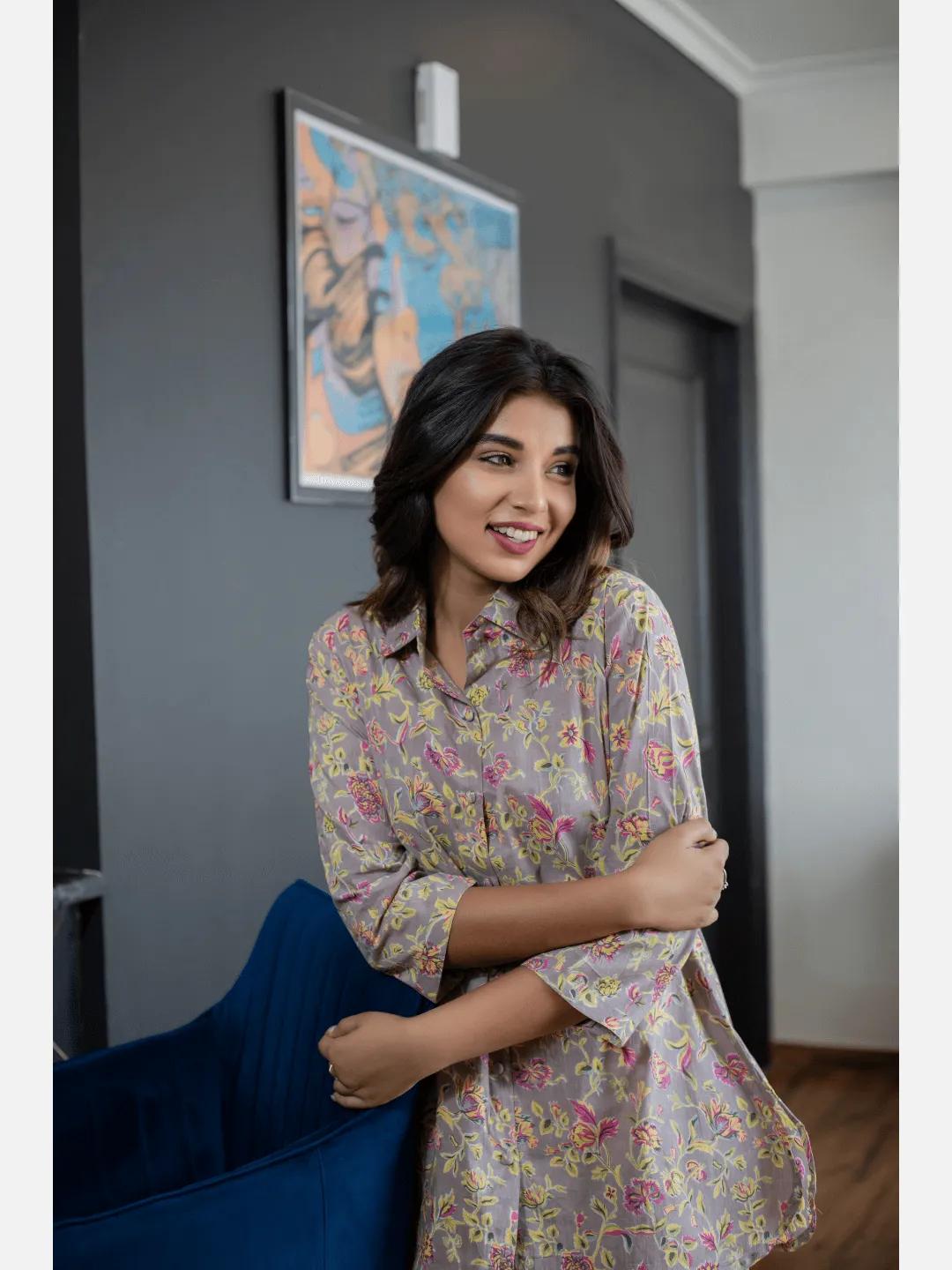 Pink Jaal Grey Collared Cotton Loungewear