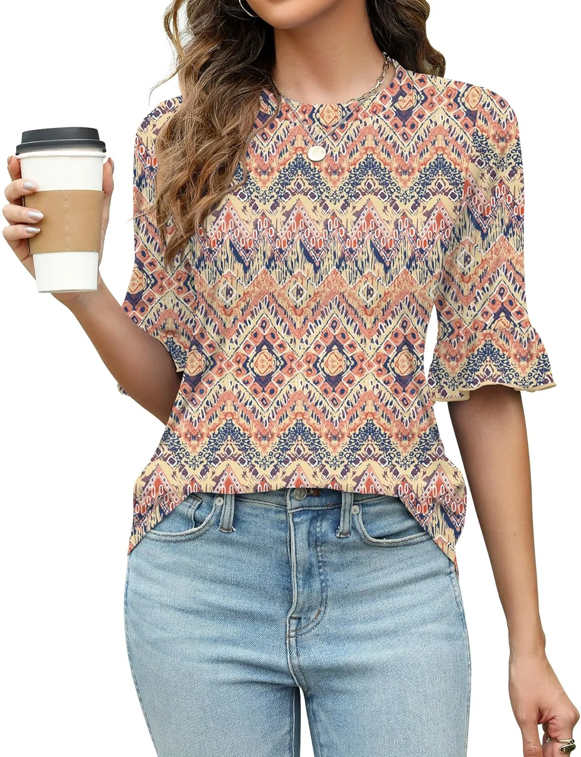 Rapbin Womens 3/4 Length Sleeve Tops Loose Fit Casual Crew Neck Shirts Ruffle Tunic Blouses