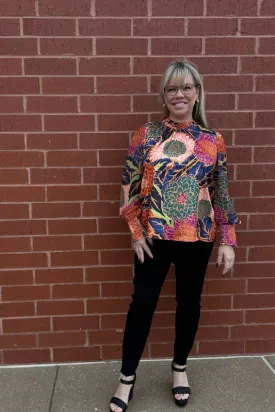 Satin Flower Print Long Sleeves Blouse