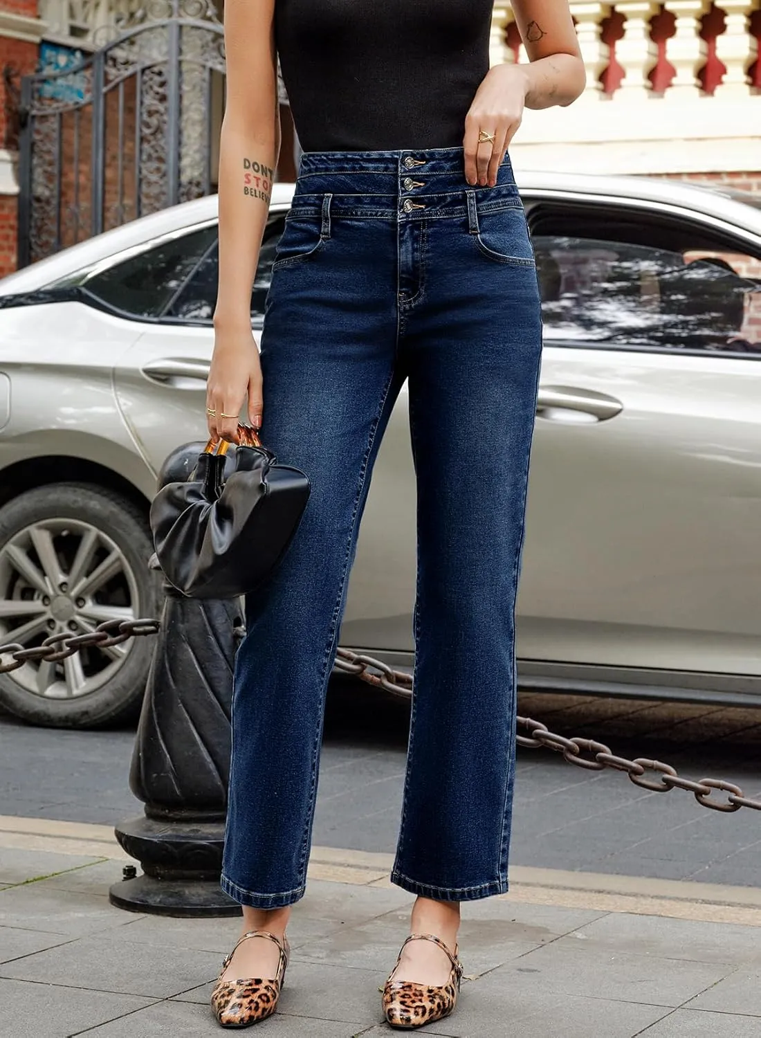 Sidefeel Women's High Waisted Tummy Control Jeans Strechy Trendy Button Up Ankle Zimbaplatinum Denim Pants